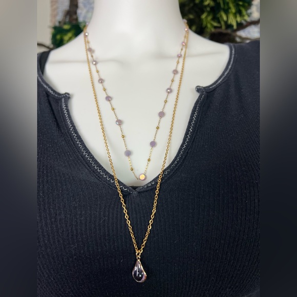Lila & Gold Elegant Teardrop Pendant Layered Necklace, Flirty Delicate Necklace - Picture 9 of 11